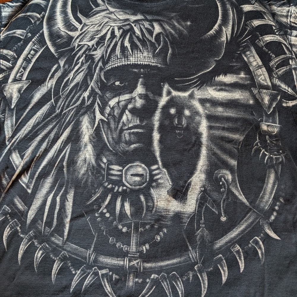 Vintage liquid blue native American wolf dream catcher T-shirt black XXL
